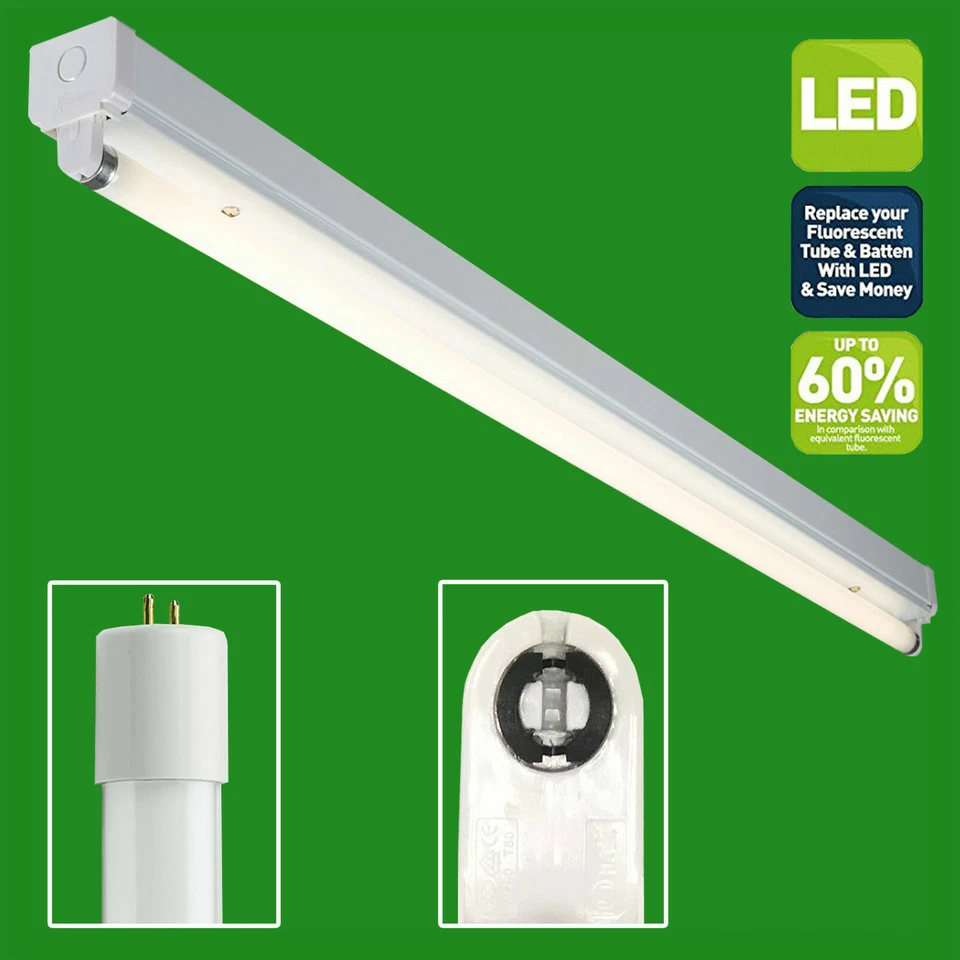2x 18W=36W 4000K Cool White 1.2m T8 LED Tube Strip Light & Batten Holder Ceiling - Image 1 of 1