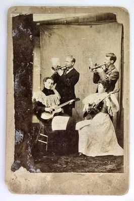 Antique Cabinet Card Photo Musicians Quartet Trumpet Guitar Men Women Instrument - Image 1 of 3