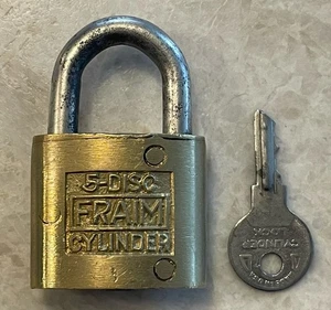 Vintage 50er Jahre Fraim 5 Scheiben Zylinder Messing Vorhängeschloss mit Schlüssel - Bild 1 von 5