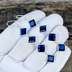 Blue Sapphire Lab-Created Gemstone 925 Sterling Silver Handmade Jewelry Earrings - Picture 1 of 4