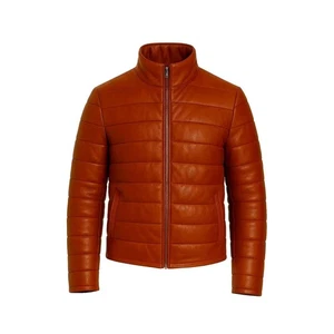 Chaqueta acolchada de cuero marrón para hombre Abrigo de invierno de piel de cordero genuino - Imagen 1 de 7