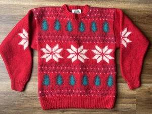 Vintage Sears Roebuck Hand Knit Wool Red Christmas Sweater Sz M Rare - Picture 1 of 7