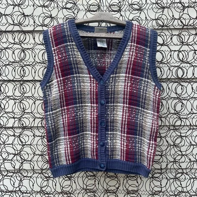 Vintage 90s Northern Reflections Plaid Knit Navy Maroon Beige Sweater Vest MED - Image 1 of 4