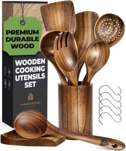 Teak Wooden Utensil Set with Holder, Spoon Rest & Hooks - Durable Wooden Spoo... - Picture 1 of 8