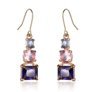 Unique Square Shape Amethyst Pink Topaz Gems Silver Hook Dangle Earrings Women - Picture 1 of 5