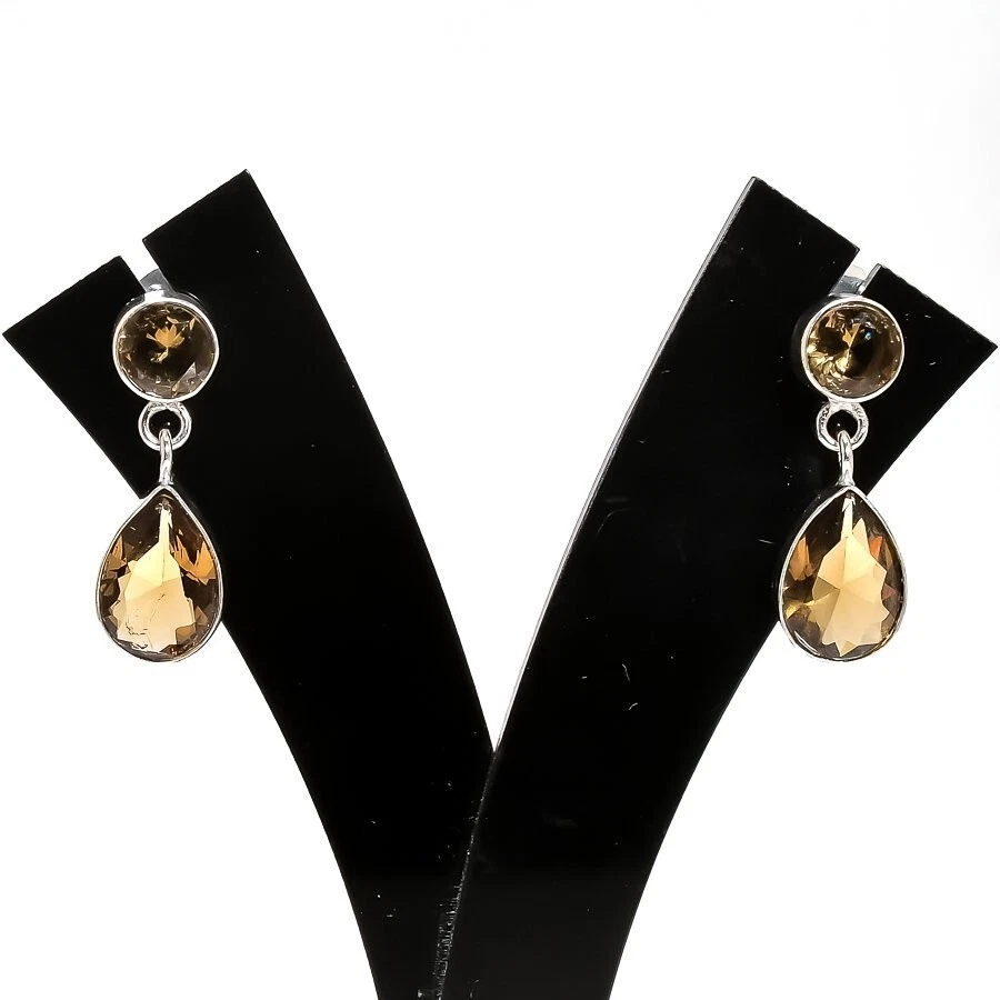 Smoky Quartz Gemstone 925 Sterling Silver Jewelry Stud Earring Size 1.20" - Image 1 of 1