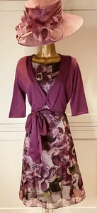 Kaliko UK 14 Pink/ Purple Floral Silk Fit & Flare Midi Occasion Dress & Shrug - Picture 1 of 24