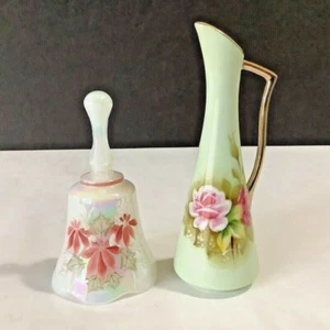 Pair VTG Fenton Porcelain Handpainted 4”Tall Bell & Roses Bud 5-3/4” Vase Signed - Picture 1 of 4