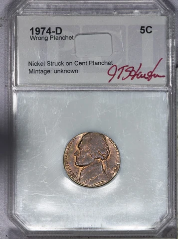 1974-D Jefferson Nickel Struck on Cent Planchet JT Stanton Label Beautiful AU LB Cover