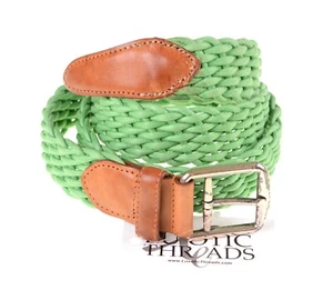 Cinturón palmeado de cuerda verde nailon con pestaña de cuero marrón hecho en Italia 44 - Imagen 1 de 4