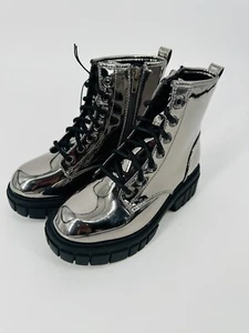 Madden Nyc Girls Kids Gray Metallic Lug Ankle Boots Lace Up Size 13 - Picture 1 of 3