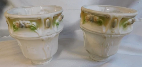 ANTIQUE PAIR (2) OF MILK GLASS SHADES WITH FLORAL/FRUIT TRIM~5 1/4" TALL Cover