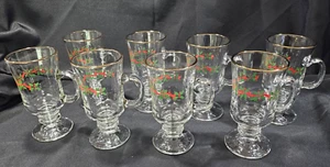 8 Libbey Holly Berry Ribbon Christmas Glass Irish Coffee Cups Mugs 8oz Gold Rim - Picture 1 of 7