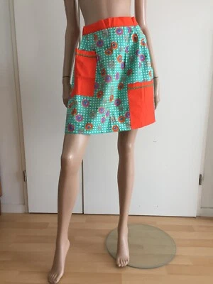 Tablier vintage 70's orange/vert fleuri 2 poches en coton - Photo 1/4