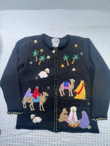 Vtg Quacker Factory Christmas Cardigan Sweater M Zip Nativity Novelty Beaded - Picture 1 of 13