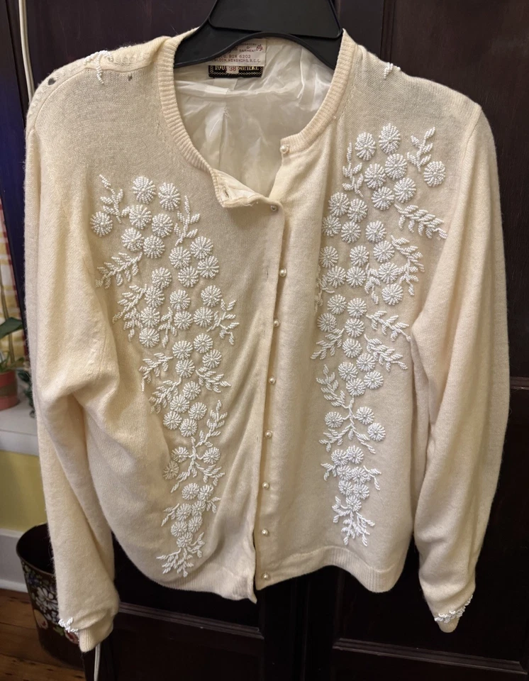 Vintage 50s Beaded Cashmere Sweater Kwong Ngai Cardigan Beaded Flower 38 Med - Image 1 of 4