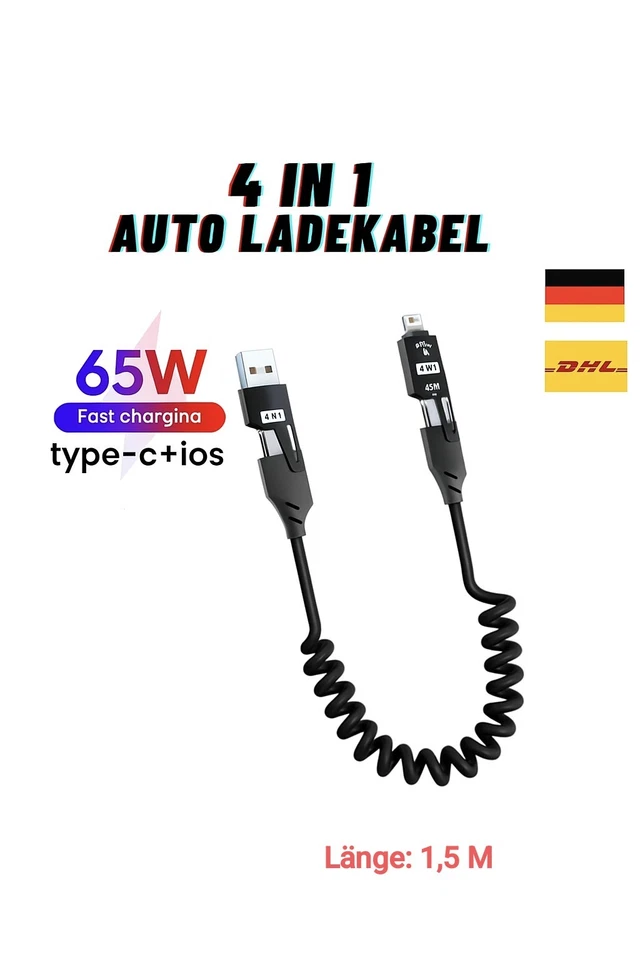 4 in 1 Schnellladekabel USB C A-C Kabel für iPhone Samsung Handy Auto Ladekabel - Bild 1 von 4
