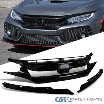 Fits 2016-2018 Honda Civic FK8 T-R Style Mesh Front Hood Bumper Grille+Eyelids - Image 1 of 4