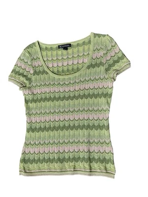 Y2K Zig Zag Top Metallic Blouse Size Medium Green Pink Short Sleeve Stretch INC - Image 1 of 4
