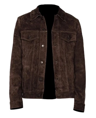 Chaqueta de camionero de cuero de gamuza real marrón oscuro estilo vaquero chaqueta clásica para hombre Foto 1 de 4