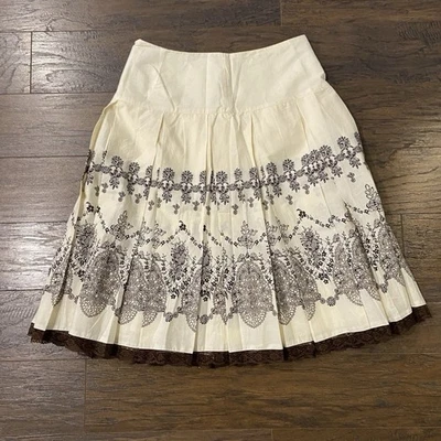 APT 9 - White Brown Pleated Paisley Boho Hippie Skirt W/lace Trim, Womens Size 4 - Image 1 of 4