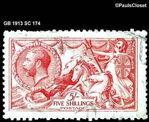 GB 1913SC 174 BRITANNIA 5/- ROSA CARMÍN USADO 22mm VERT HT WM 34 MUY FINO - Imagen 1 de 2