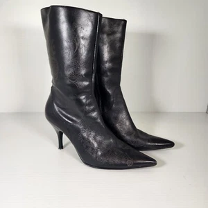 Matisse Leather Boots Black Pointed Toe Mid Calf Embellished Stiletto Size 9.5 M - Picture 1 of 14