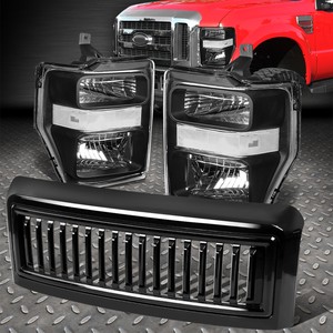 FOR 08-10 FORD F250-F550 BLACK/CLEAR HEADLIGHT LAMP+GLOSSY VERTICAL FRONT GRILLE
