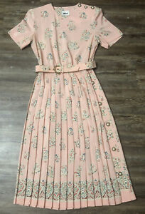 Vintage Leslie Fay Short Sleeve Pink Floral Print Dress With Belt Size 8