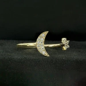 VS/F-G Diamond 14K Gold Crescent Moon Star Open Cuff Ring- The Jewelz - Picture 1 of 6