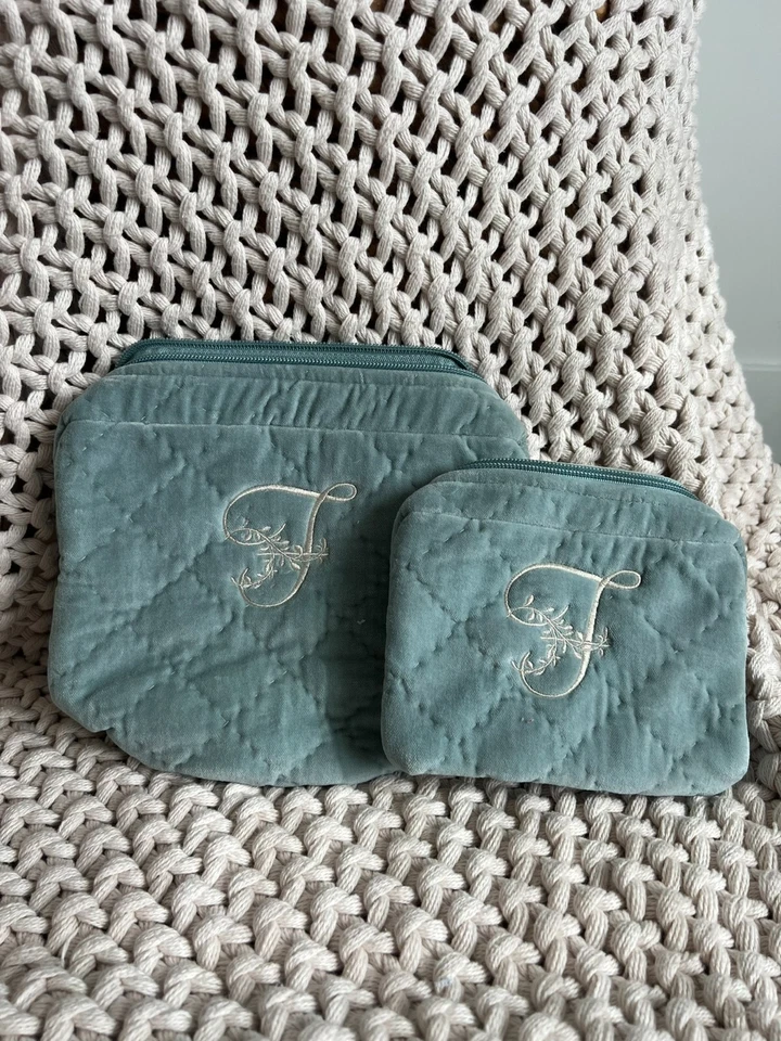 Pottery Barn косметический макияж сумка синий выстеганный бархат шелк с монограммой "F" комплект - Изображение 1 из 1