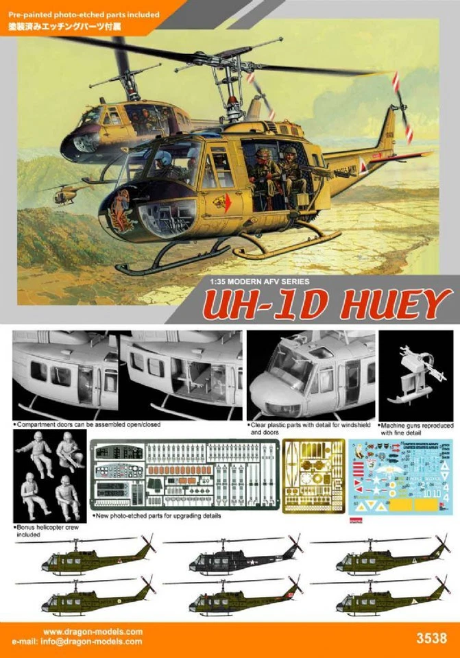 Dragon Models 1/35 Uh-1d Helicopter Huey W/four Crewmen 3538