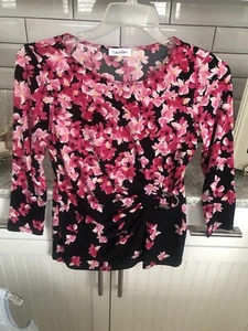 Calvin Klein Pinks Black Multi Floral Ruched Accents Poly Spandex Top S 3/4 SLV - Picture 1 of 18