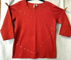 Maglione By Design donna XL rosso maglia stretta collo scoop LS borchie tono oro nuovo senza etichette - Foto 1 di 7