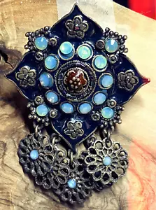 Antique Brooch Victorian Enamel Moonstone Gold Tone Metal - Picture 1 of 18