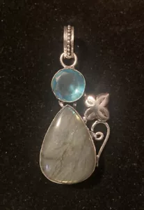 Labradorite 925 Sterling Silver Blue Topaz Flower Handmade Gemstone Pendant 2” - Picture 1 of 9