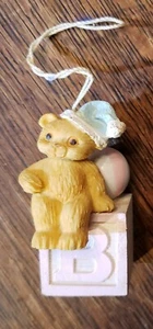 Baby's CHRISTMAS or Shower Ornament- Bear w Blue Cap on Blue Pink Alphabet Block - Picture 1 of 11