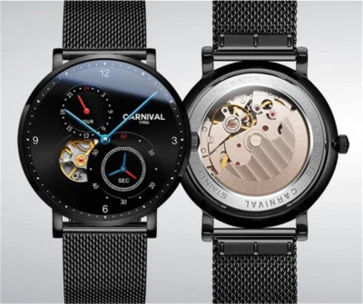 Nuevo reloj automático Carnaval para hombre esfera de segundos pequeña correa de malla delgada 24 horas  Foto 1 de 4