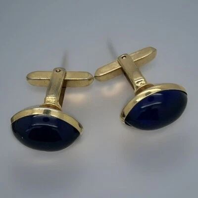 Vtg Hickok USA Brass Golden Tone Synthetic Sapphire Cufflinks 3/4" Signed C4 - Image 1 of 4