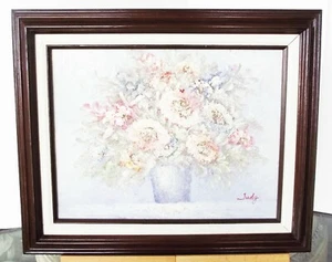 VINTAGE TEXTURED FLORAL ORIGINAL OIL PAINTING CANVAS SIGNED JUDY WOOD FRAMED - Picture 1 of 9