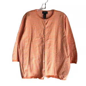 Lauren Ralph Lauren Women's Cardigan Sweater Plus 2X Striped Orange 3/4 Sleeve - Picture 1 of 10