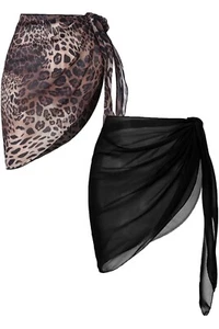 NWT Set of 2 Sarongs~Sheer Chiffon Cover Up~Bikini Wrap~Black & Leopard Print~XL - Picture 1 of 14