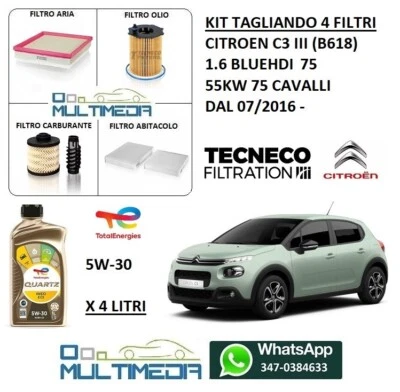 TECNECO KIT TAGLIANDO FILTRI OLIO ORIGINALE 5W30 CITROEN C3 III 1.6 HDI 55KW 75 CAVALLI