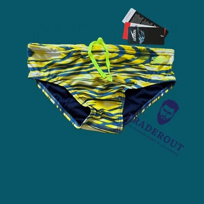 Speedo Men Yellow  blue wave print swim Brief Swimwear size 32 34 36 - Image 1 of 4