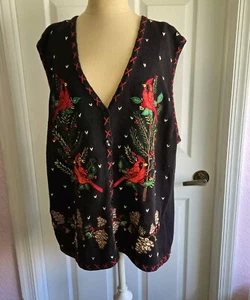 Bobbie Brooks Weihnachten schwarz Urlaub rot Vogel Pullover Weste Größe 22 mit Knopfleiste - Bild 1 von 10