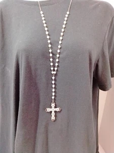 White/Silver Beaded Cross Necklace 29 In Adjustable Chain 3 In. More - Picture 1 of 7