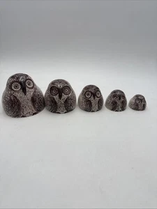 Vtg Owl Nesting Dolls Ceramic Folk Art 5 Pc Set Stacking Speckled Russian 1960s - Picture 1 of 24