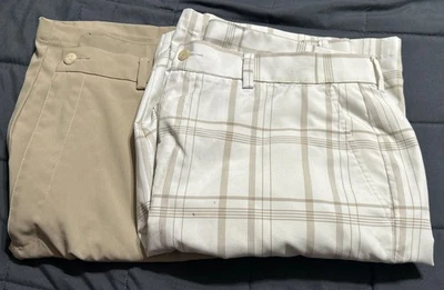 Grand Slam Golf Shorts Men’s 36 Chino Stretch 2 Pairs Khaki And White Plaid - Image 1 of 4