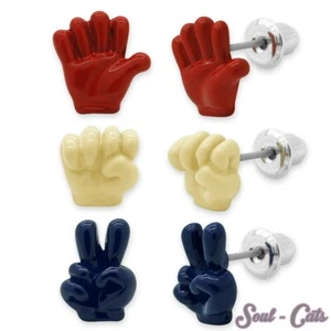 3 Paar Ohrstecker Handzeichen bunt SET Finger Hand Peace Victory Faust High Five - Bild 1 von 1