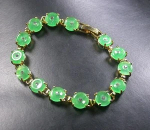 Genuine Green Jade Cubic Zirconia Peace Buckle Coin 18KGP Bangle Bracelet - Picture 1 of 5